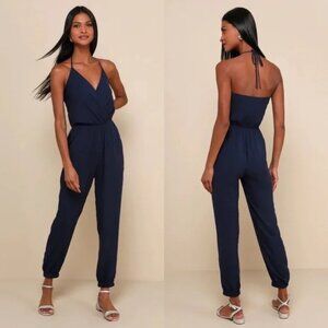 Lulus | Learning to Fly Navy Blue Halter Jumpsuit | Size Medium